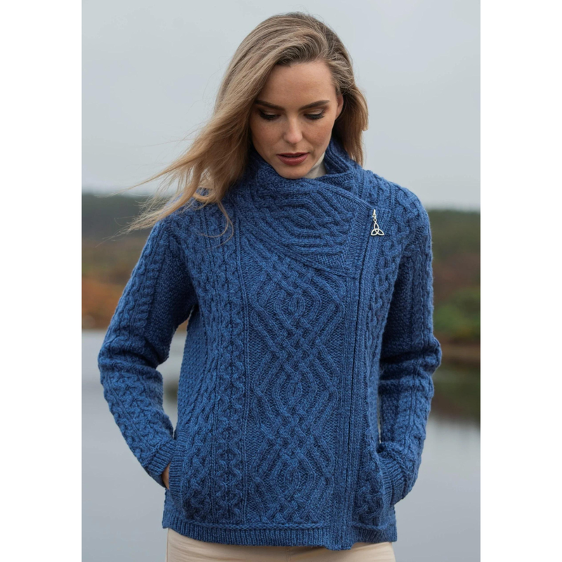 Women's Irish Cable Knitted Side Zip Cardigan Marl Blue